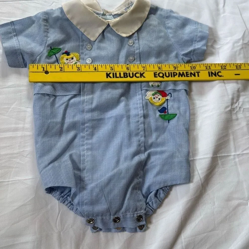 Vintage‎ boys one piece baby outfit size 3-6 months clowns Nannette blue gingham